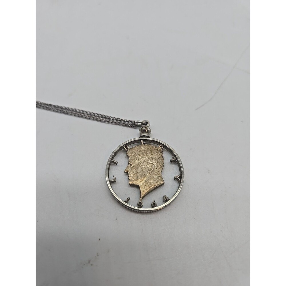Vintage 1964 Silver Carved Half Dollar Coin Pendant JFK John F Kennedy